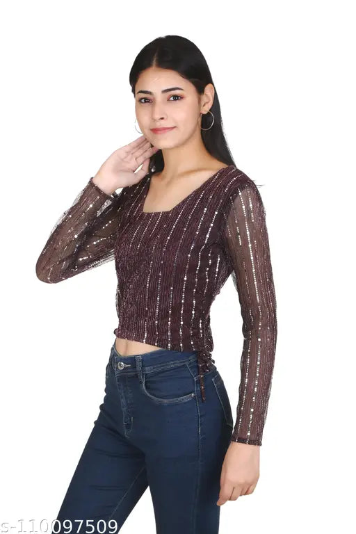 Embellished net, long sleeves, solid shimmer top - women's drawstring blouse from India
