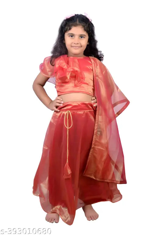 Silk blend lehenga choli with dupatta, self-design applique stitch, sleeveless and Indian origin for girls aged 2-3 years
