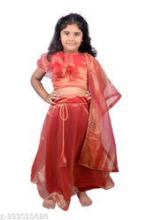 Silk blend lehenga choli with dupatta, self-design applique stitch, sleeveless and Indian origin for girls aged 2-3 years