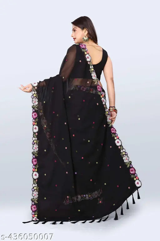 Black Georgette saree with embroidered blouse, Indian fashion for any occasion