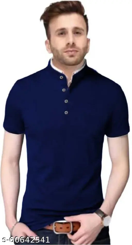 Mandarin collar half sleeve T-shirt for men, cotton blend, solid color, slim fit