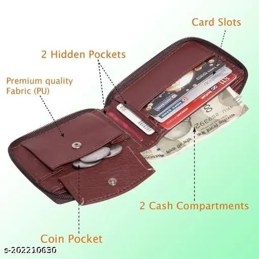 Denny black men casual brown round artificial leather wallet, faux leather men's accessory with two compartments, free size (9x11 cm), made in India