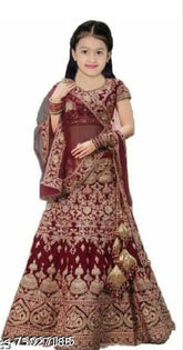 Kids satin lehenga choli, embellished semi-stitched set for 6-7 years old Indian festive wear