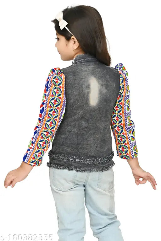 Denim girls jacket, solid net design, long sleeves, size range from 2-8 years, India origin