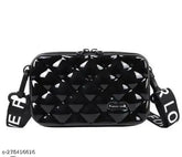 Stylish black acrylic mini sling bag, colorblock pattern, 3 compartments for girls accessories