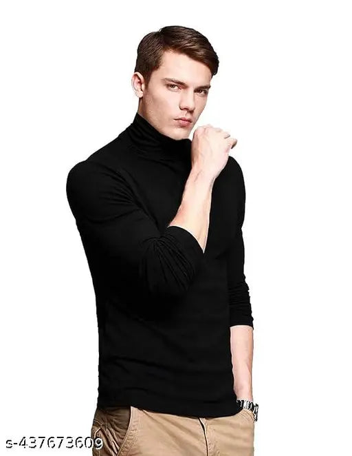 Black cotton high neck turtle neck or full sleeves men's tee, India-made for casual wear