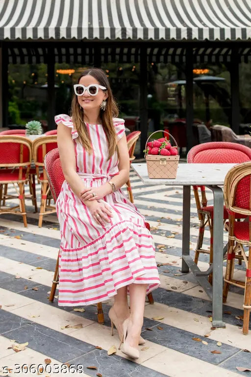 Pink and White Viscose Rayon Fit and Flare Dress, striped pattern, three-quarter sleeves. Ideal for party wear, women's fashion from around the globe." (105 characters)