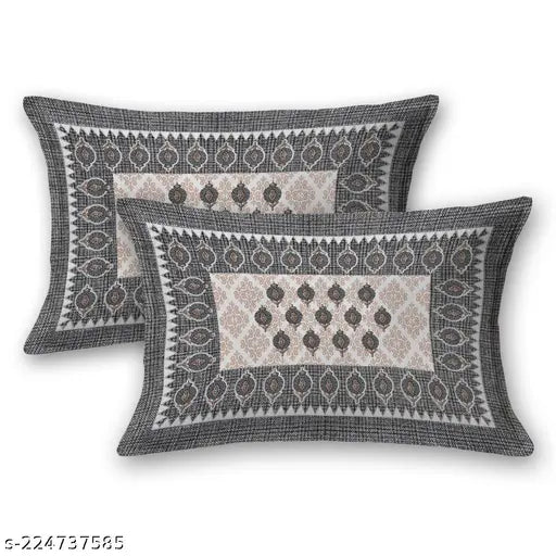 Grey cotton double bedsheet, queen size TC 144 with 2 pillow covers for summer - Jaipuri design on flat sheets