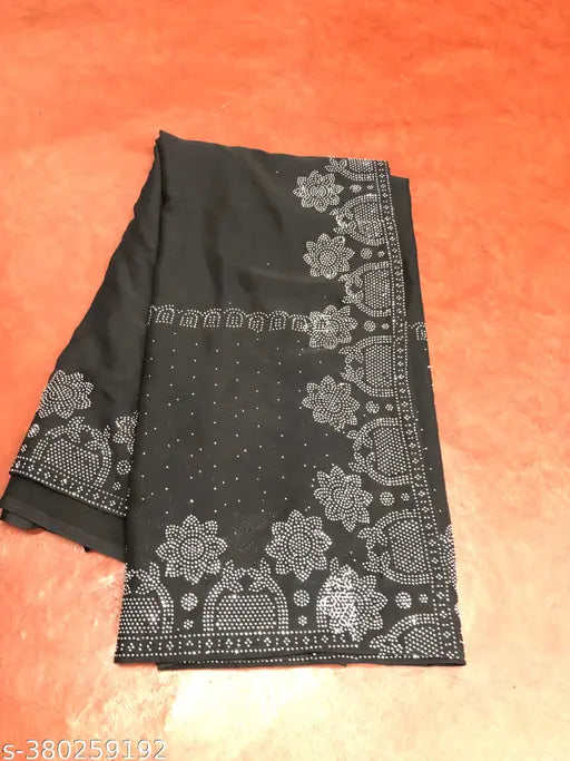 Black Georgette Silk Saree with Heavy Diamond Work, contrast blouse matching. Juicee Collection, popular among women for special occasions and weddings