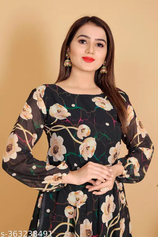 Black Georgette Anarkali full sleeve floral kurti, digital printed, premium quality, embellished with lace and beadwork, India-made, for plus sizes (S-6XL)