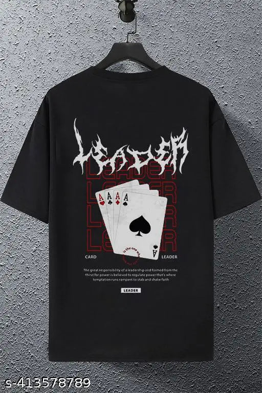 Black cotton blend t-shirt for men, printed with card leader design on a solid background. Oversized fit with short sleeves in sizes S - XXL. Product made in India