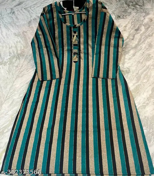 Green cotton kurti for women and girls, three-quarter sleeves, striped pattern. Breathable comfort for everyday wear, versatile for office, college, or casual outings. Indian-made Aagyeyi Drishya kurtis