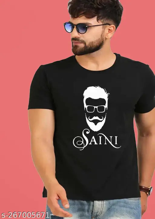 Printed black polyester t-shirt by Beard Men Saini, short sleeves, size M (38 in chest), India origin