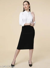 Black pencil skirt with back slit, solid net, polycotton material. Formal black skirt on model, displaying a stylish waist slit and versatile sizing options