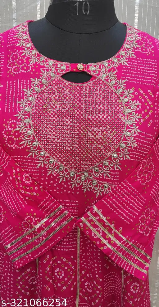 Rayon Bandej Print flared kurta with three-quarter sleeves, vibrant Indian fashion