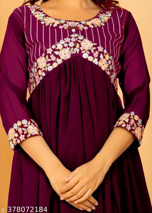 Georgette embroidered Alia cut kurti, three-quarter sleeves for women, Indian fashion apparel on mannequin. S (36 in bust), M (38 in bust), L (40 in bust), XL (42 in bust), XXL (44 in bust) available