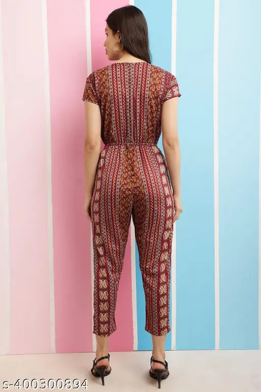 Printed rayon jumpsuit for women and girls, vibrant net pattern and short sleeves