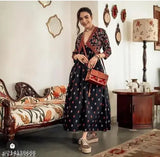 Black rayon anarkali gown, three-quarter sleeves, printed combo - versatile Indian dress for parties and events