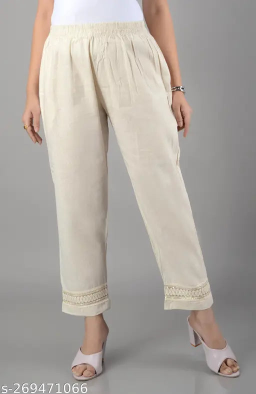 Cream georgette Chikankari embroidered palazzo pants for women, ankle length with elastic waistband