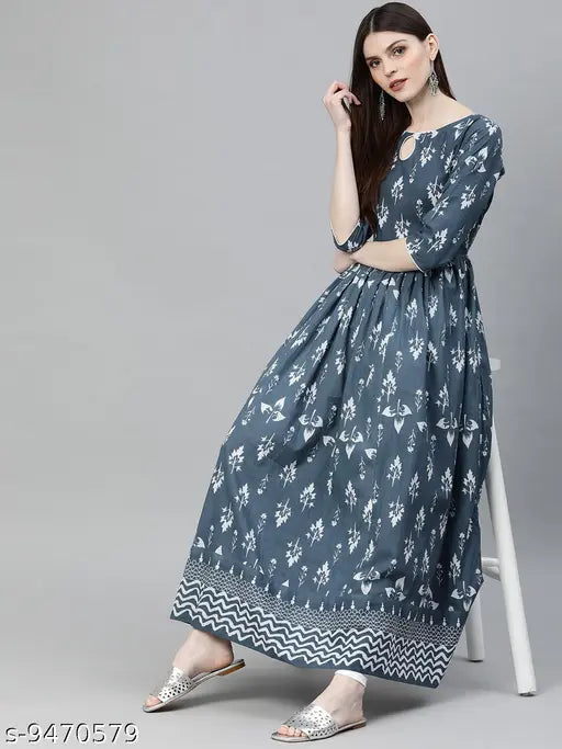 Botanical print cotton kurti for women, three-quarter sleeves, India origin