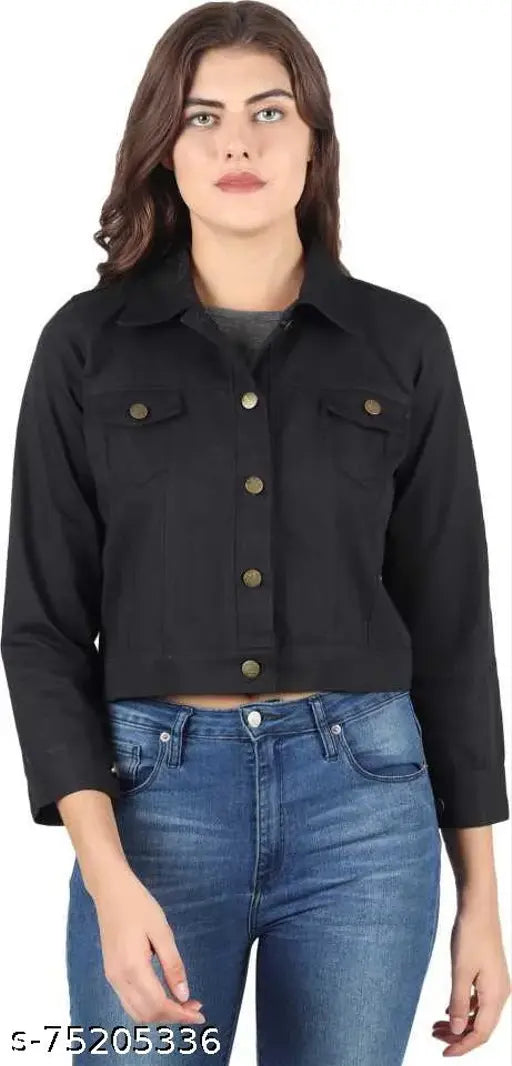 Black denim women's jacket, long sleeves, solid pattern. Classic denim jacket perfect for double denim outfits, made in India