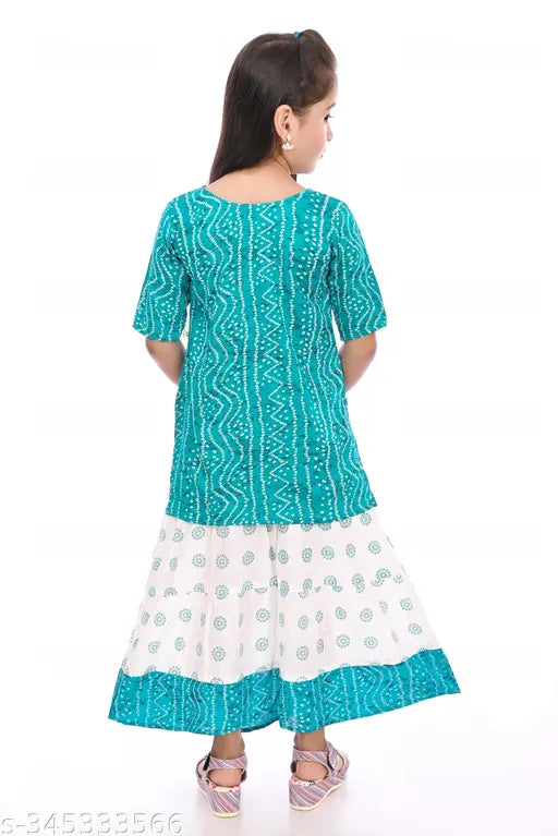 Sea green ethnic Jaipuri print rayon kurta & skirt set, perfect for casual or office wear