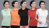 Orange cotton blend polo neck t-shirts pack of 5 for women's athletic wear, M, L, XXL with embroidered branding, short sleeves
