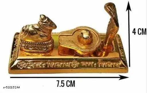 Brass Shivling with Nandi in golden color, decorative Hindu temple figure for home. Small Shree Shivay idol (4 inch)