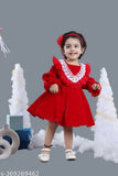 Christmas red wool party frock with lace trim, full-length sleeves for winter