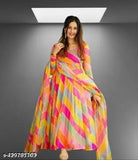 Georgette digital-printed gown & dupatta set, trendy women's party wear with colorblocked pattern, best for festivals, casual college hangouts