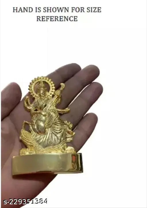Brass, gold-toned Maa Saraswati statue for temple decor, 11cm tall