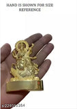 Brass, gold-toned Maa Saraswati statue for temple decor, 11cm tall