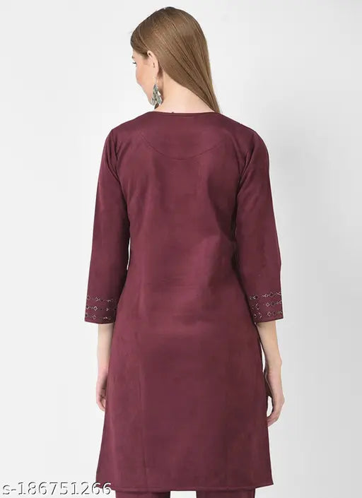 Velvet embellished three-quarter sleeve fleece kurti for women, Indian winter wear fashion by Elendra jeans