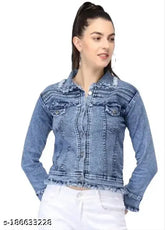 Blue denim Teen Patti jacket Dhol wash, solid pattern, long sleeves, women's size S-XL, India origin