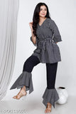 Striped cotton-crepe Indo western Kurti set with umbrella cuff palazzos, three-quarter sleeves, pack of 2 sizes from India