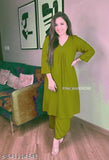 Rayon kurta set with palazzos, three-quarter sleeves, solid design in XL size - summer fashion, India origin