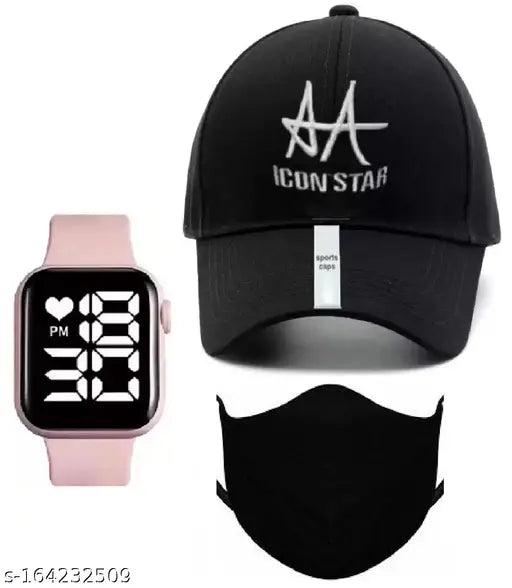 Stylish sporty star-printed cotton baseball cap combo with black square dial LED watch and mask for men and boys, ideal for active leisurewear