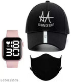 Stylish sporty star-printed cotton baseball cap combo with black square dial LED watch and mask for men and boys, ideal for active leisurewear