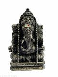 Silver-toned poly resin Ganesh statue (9cm), office decor or car dashboard accessory, represents joy, victory, and happiness. Hand-finished with unique variations