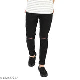 Slim fit denim jeans with distressed knee, solid color and hand wash only. Distressed knee jeans for men, available in sizes 28, 30, 32 (waist 28-32in, length 39in). Made in India