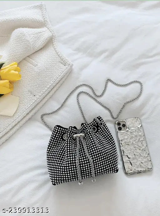 Rhinestone canvas bucket bag, fashionable bling purse for women, embellished net design, long chain crossbody potli, durable and eye-catching