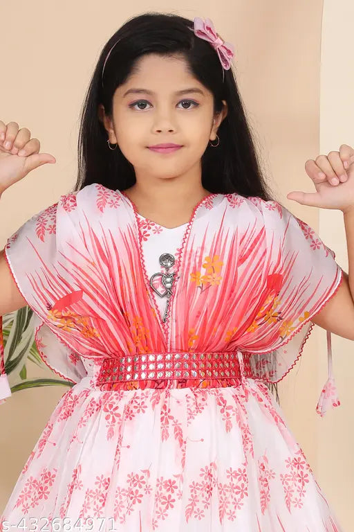 Red chiffon printed frock for girls, short sleeves, pleated design - India