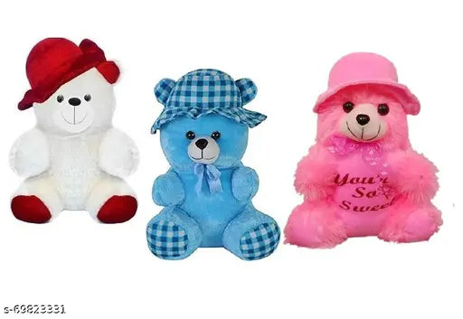 Soft pink fabric net 3 cap teddy bear set, ideal for kids playtime (30 cm)