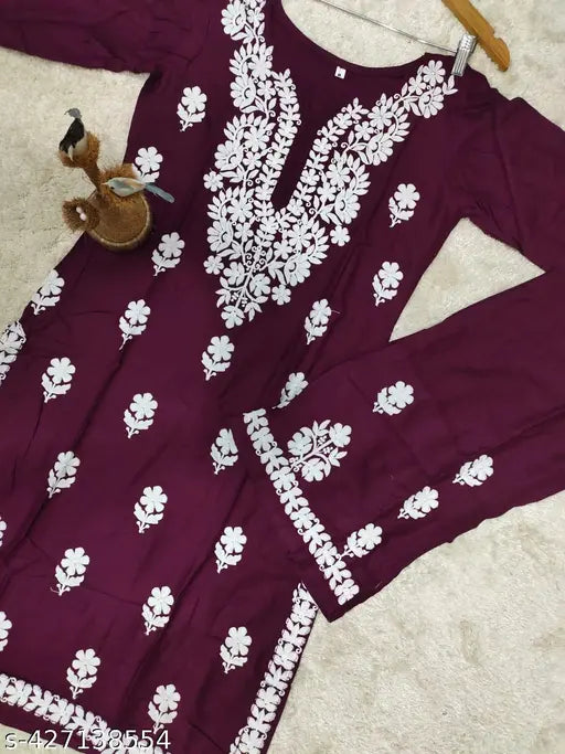 Embroidered rayon Chikankari Kurta and Palazzos set with three-quarter sleeves, India-origin ethnic wear