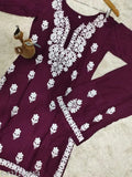 Embroidered rayon Chikankari Kurta and Palazzos set with three-quarter sleeves, India-origin ethnic wear