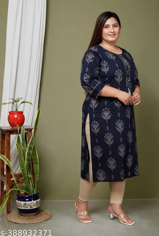 Blue plus-size cotton straight kurta with floral print, three-quarter sleeves, women's fashionable ethnic wear