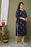 Blue plus-size cotton straight kurta with floral print, three-quarter sleeves, women's fashionable ethnic wear