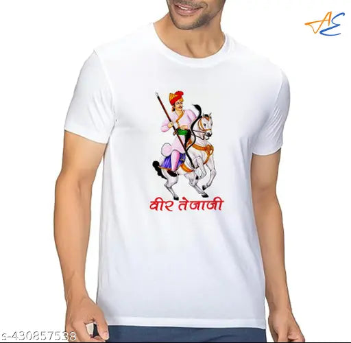 Veer Teja ji white polyester T-shirt 130gsm, printed half sleeves with unique design, made in India