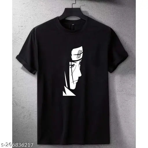 Black cotton Itachi face printed half sleeves casual wear tee, ideal for party attire