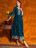 Teal Georgette embroidered naira cut Kurta, traditional design with modern style, three-quarter sleeves
